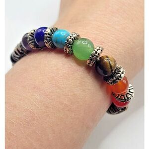 Healing Gemstone Rainbow Bracelet with FIligree Heart Pendnat